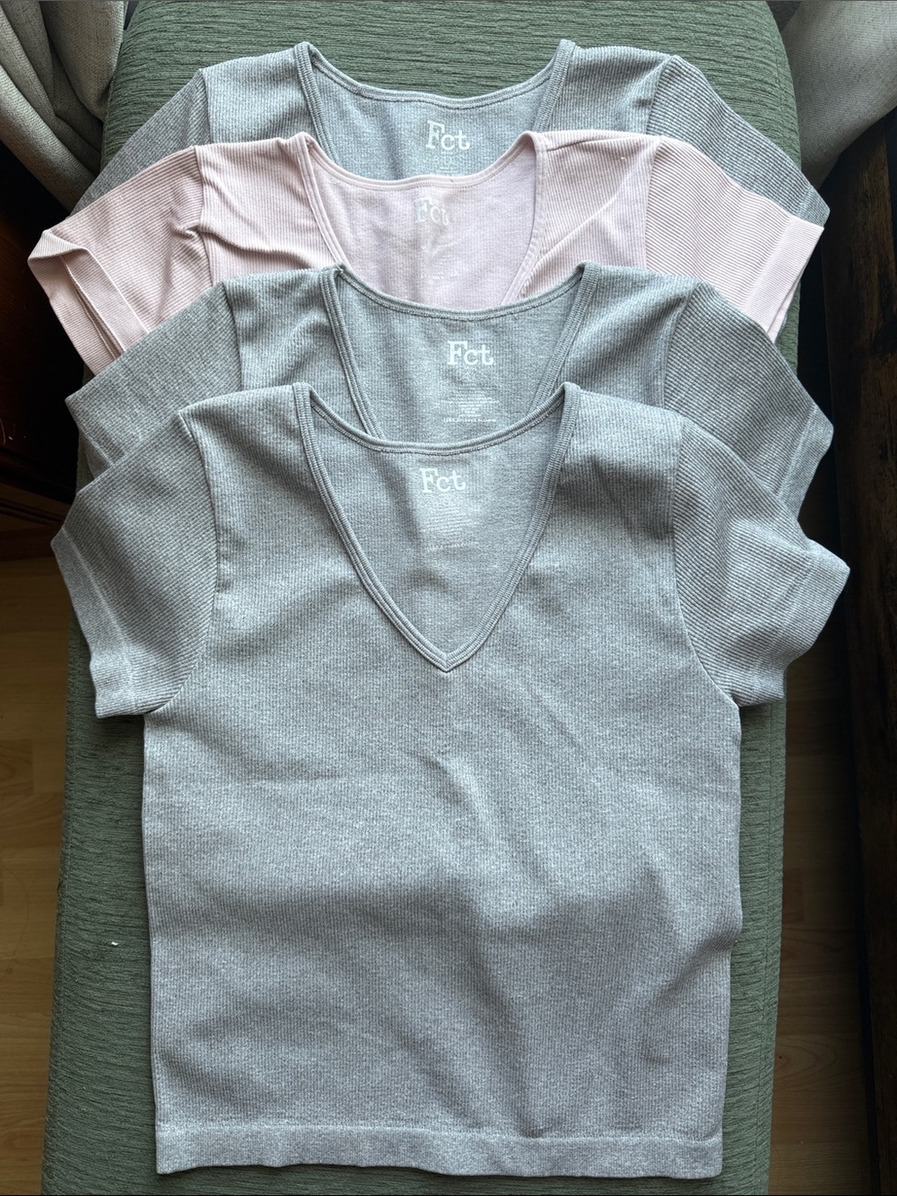Fct Women's V-Neck Short Sleeve Top in Gray and Light Pink